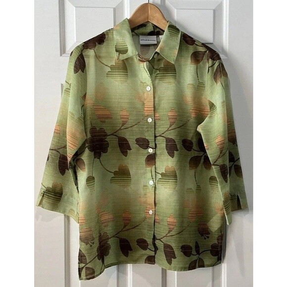 VINTAGE Alfred Dunner Tropical Floral Semi-Sheer Blouse Button Up Green Size 10 - Picture 1 of 5